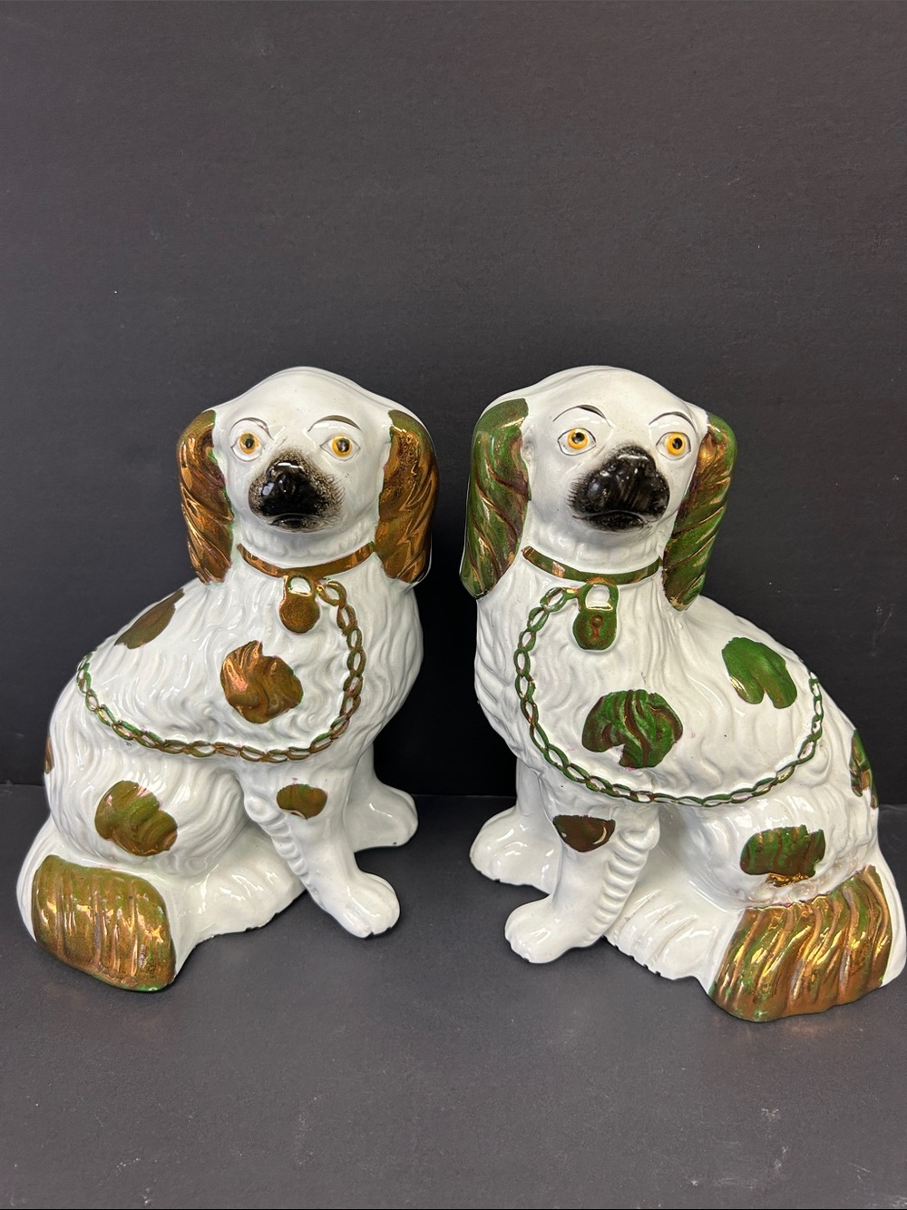 Antique 9” Staffordshire copper lustreware pair of Spaniel mantle dogs